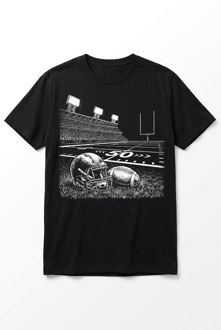Football Stadium Black Tee with chalk-style graphic