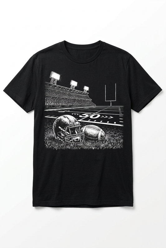Football Stadium Black Tee with chalk-style graphic
