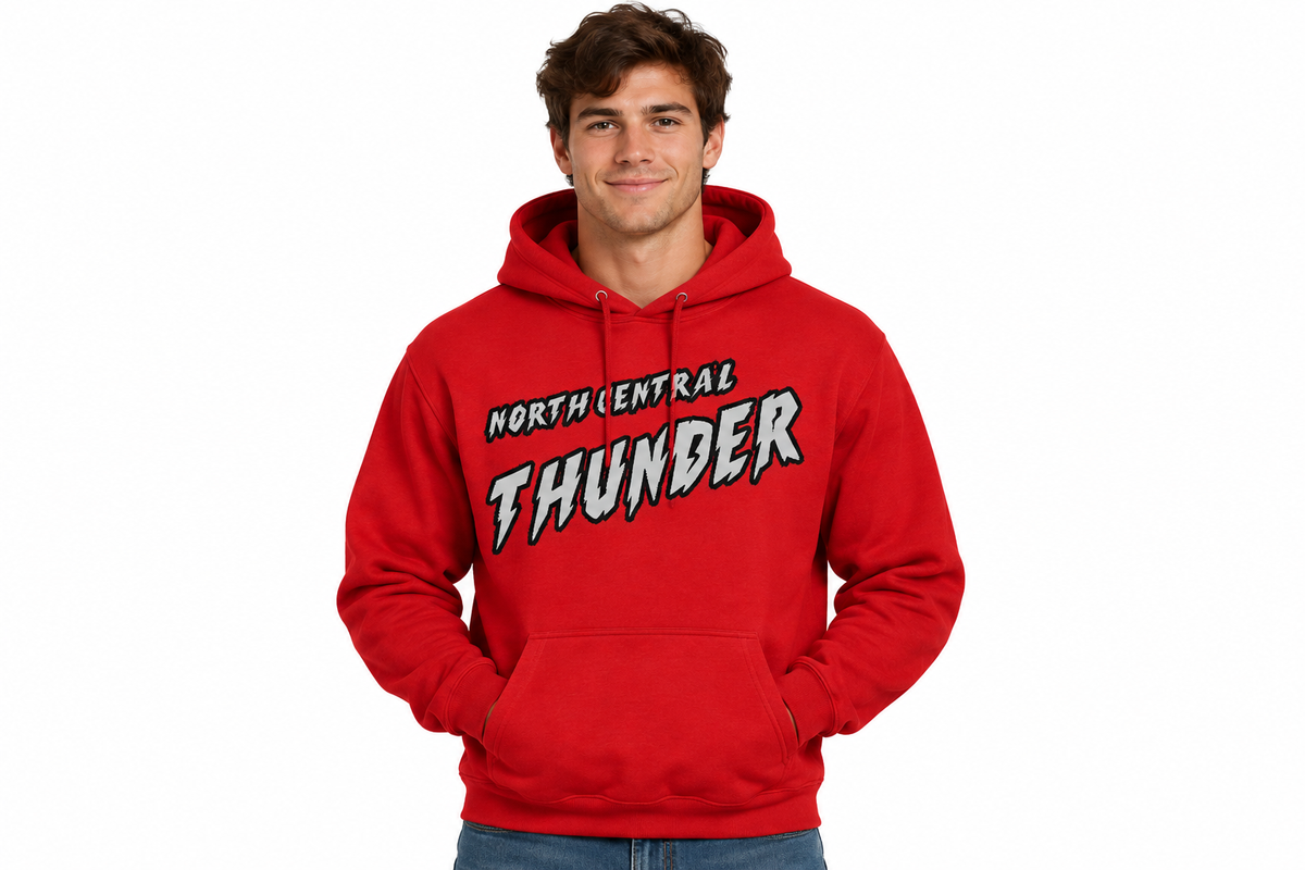 North Central Thunder grunge design on red hoodie