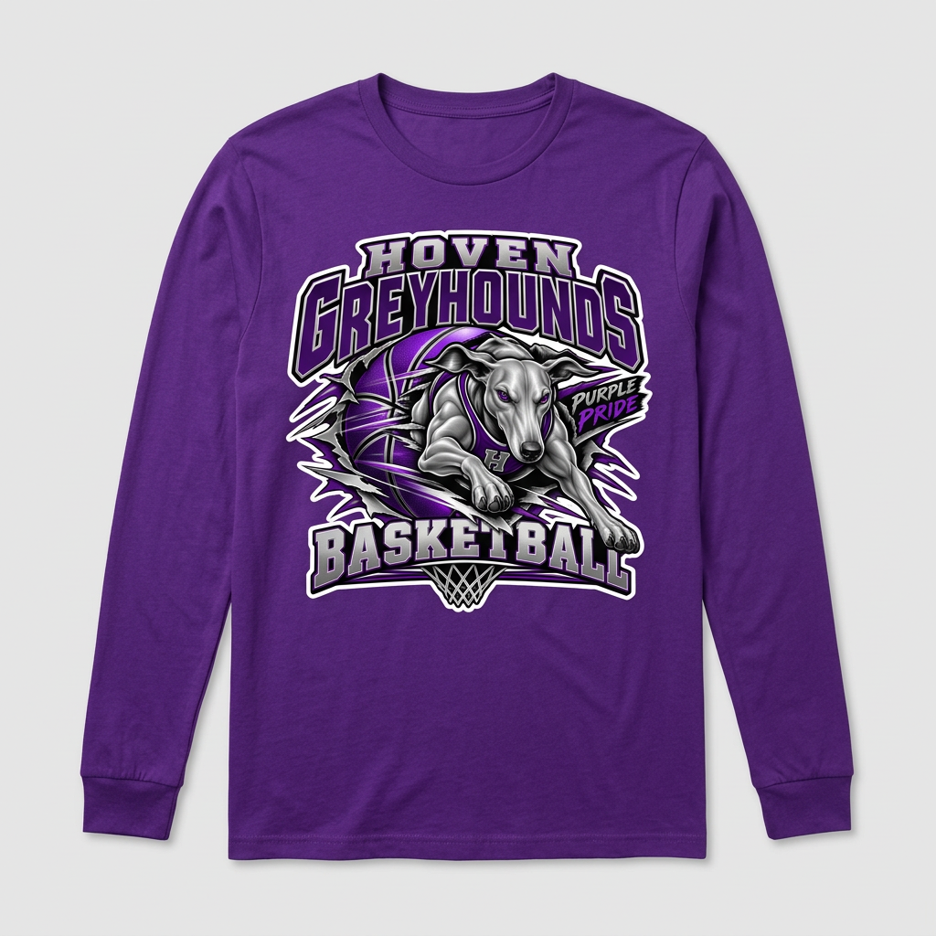 Solid purple Hoven Greyhounds Design 6 long-sleeve T-shirt with white-offset artwork