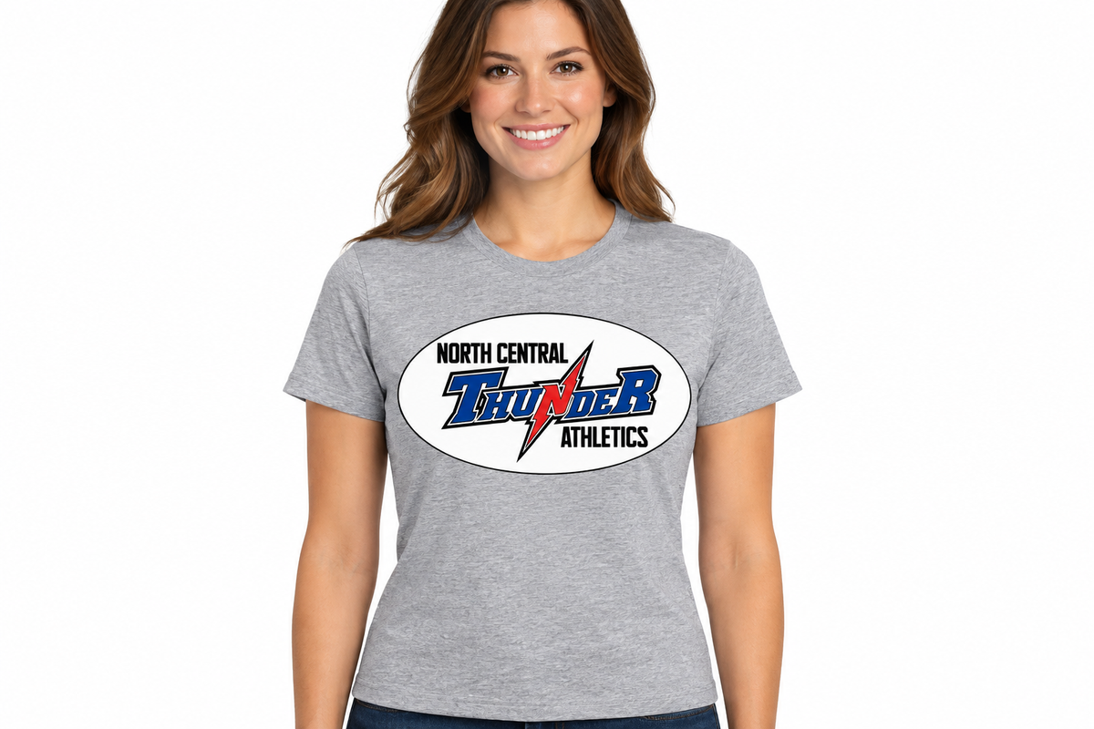 North Central Thunder Athletics oval badge on sports gray t-shirt - adult female model
