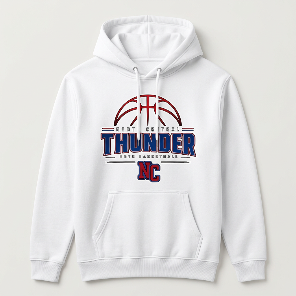 White hoodie with North Central Thunder boys basketball Design 2