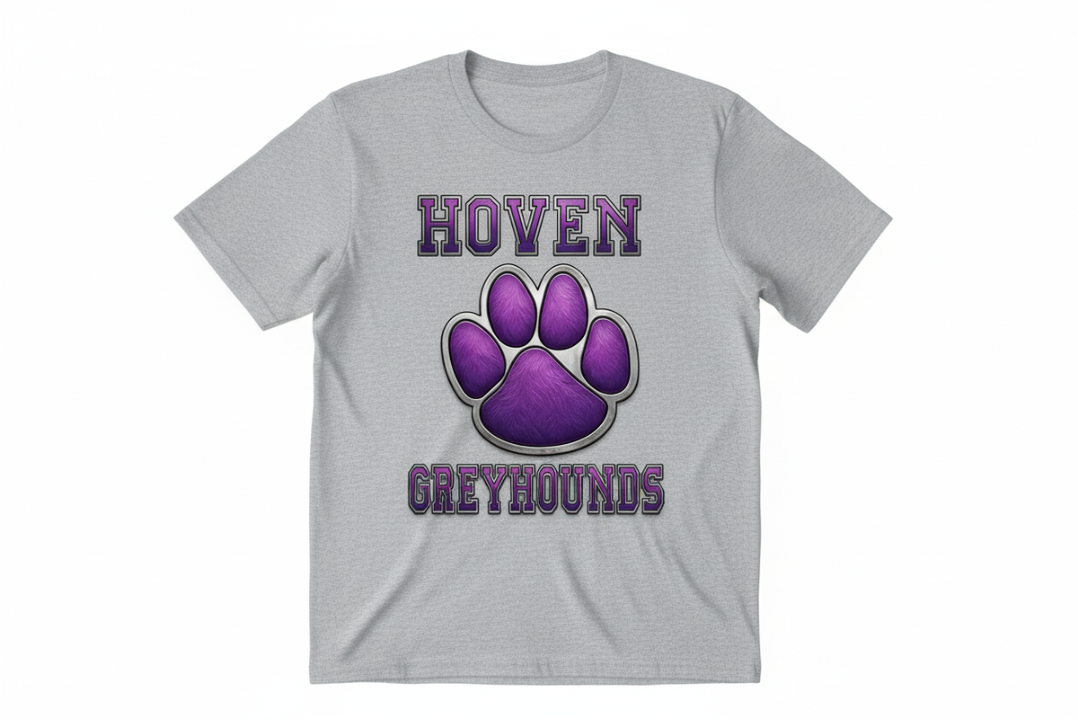 Hoven Greyhounds paw graphic on heather gray t-shirt
