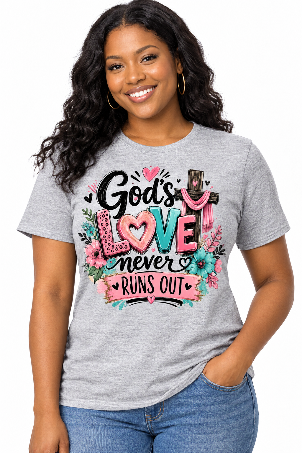 God's Love Never Runs Out - Sports Gray T-Shirt on female model