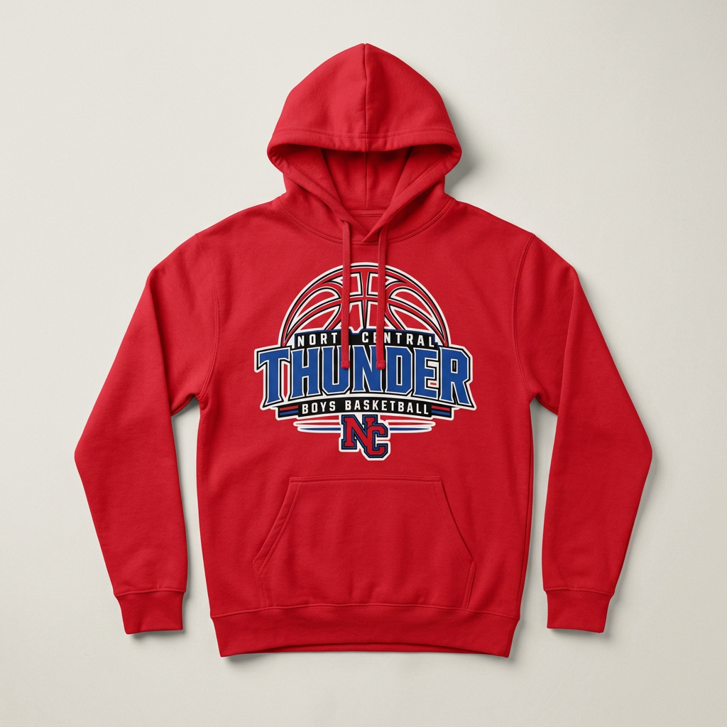 Red hoodie with North Central Thunder boys basketball Design 3