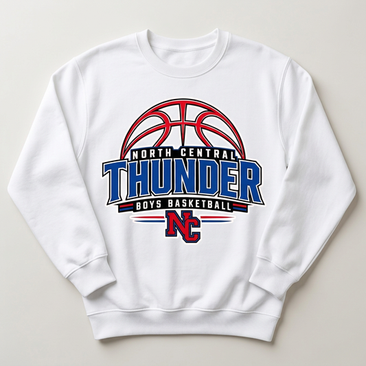 White crewneck with North Central Thunder boys basketball Design 3