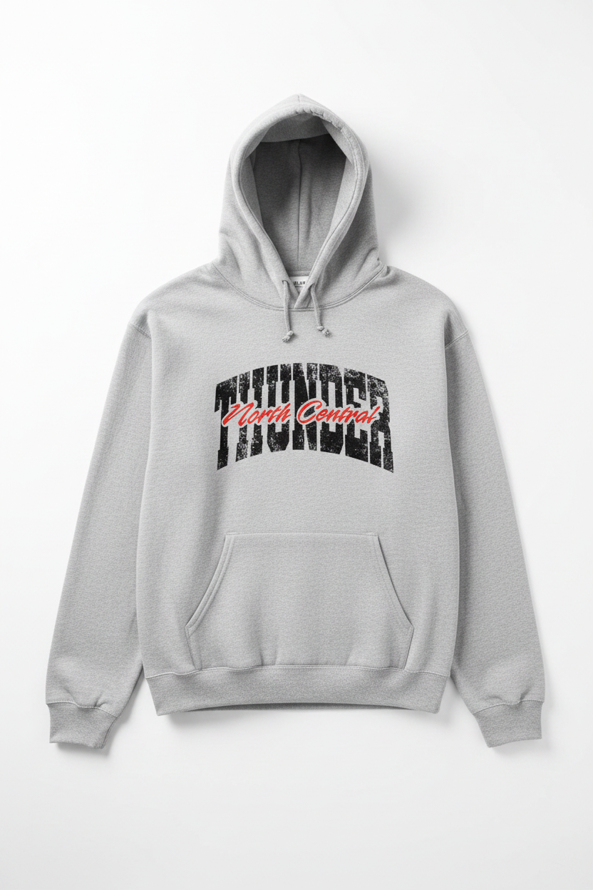 Heather gray North Central Thunder pullover hoodie with distressed graphic on white background