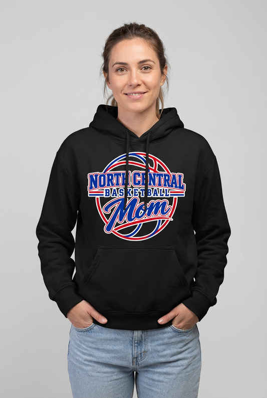 Younger adult female model wearing black North Central Basketball Mom hoodie