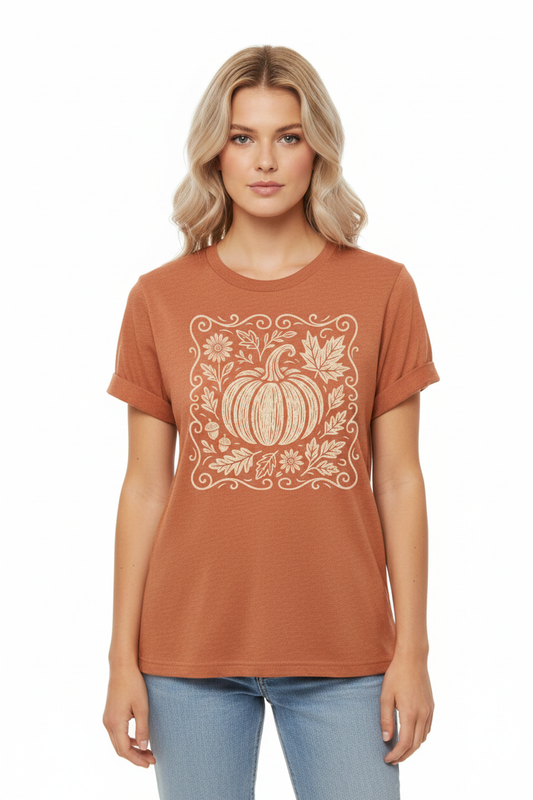 Women's heathered autumn t-shirt with cream botanical pumpkin graphic
