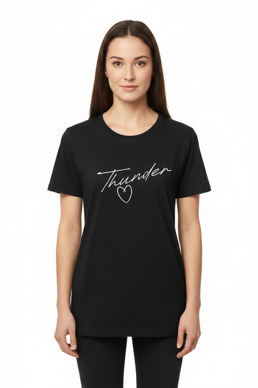 Women's black t-shirt with white Thunder cursive script and heart graphic