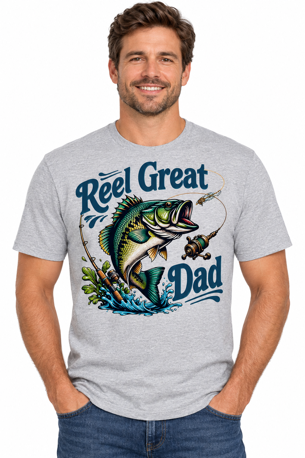 Reel Great Dad design on sports gray t-shirt