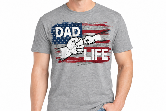 Dad Life American flag design on heathered graphite t-shirt