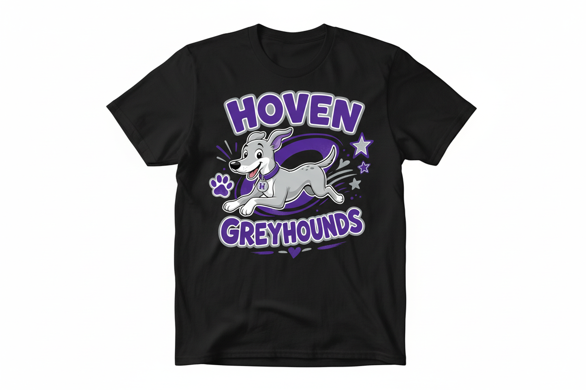Hoven Greyhounds cartoon on black kids t-shirt