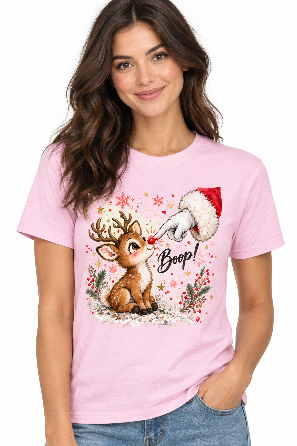 Boop Reindeer Christmas - Light Pink T-Shirt on female model