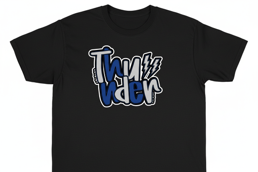 Thunder graffiti graphic on black t-shirt