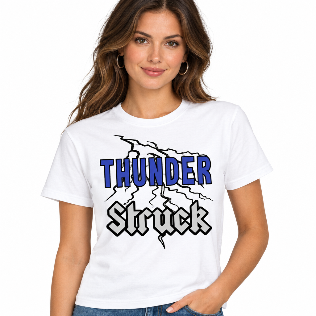 ThunderStruck lightning design on white t-shirt - adult female model