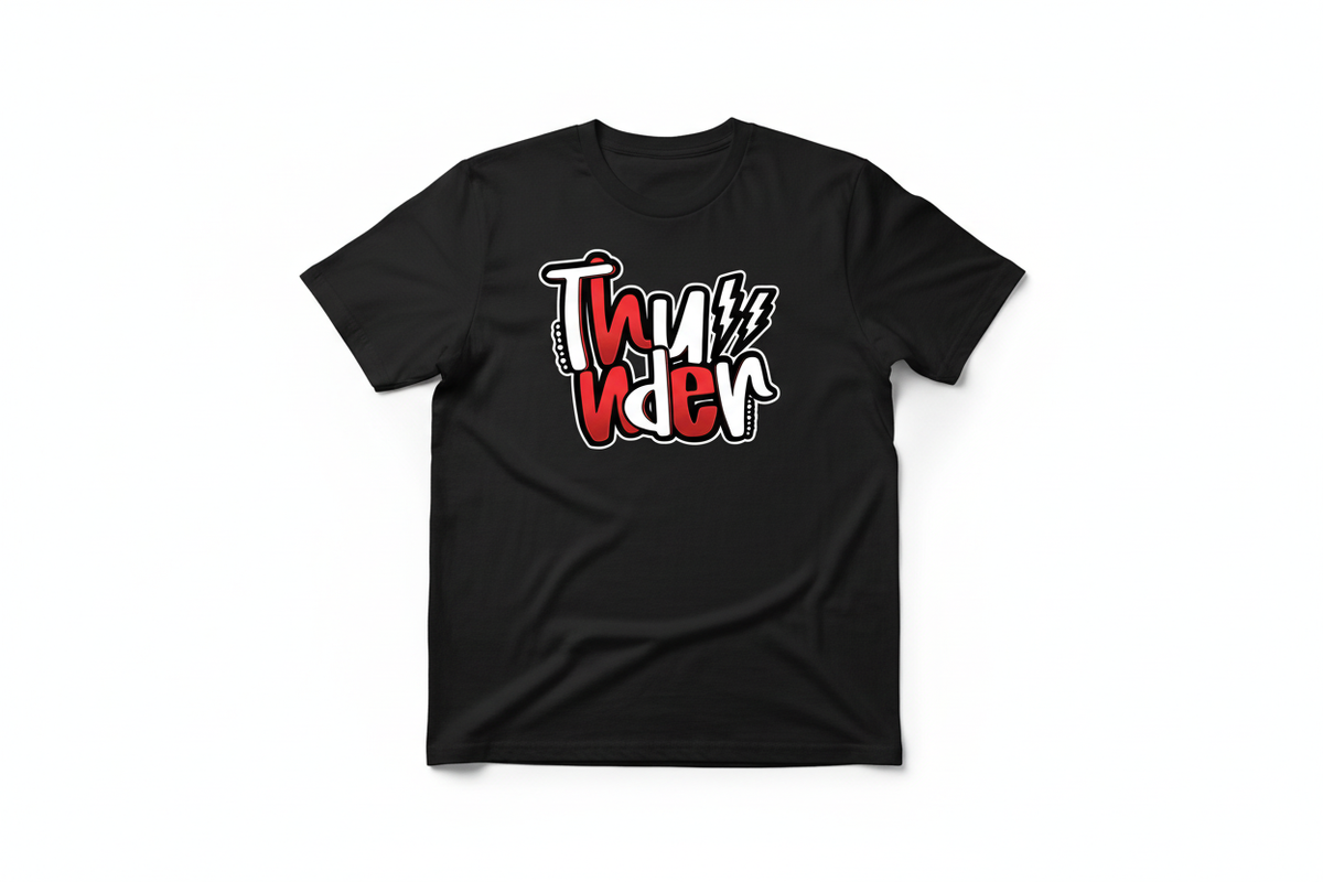 Thunder red graffiti graphic on black t-shirt