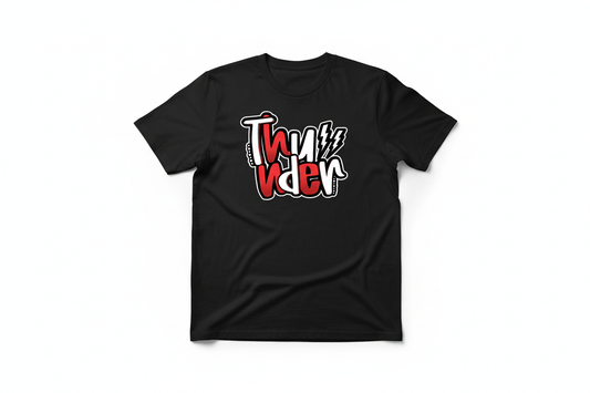 Thunder red graffiti graphic on black t-shirt