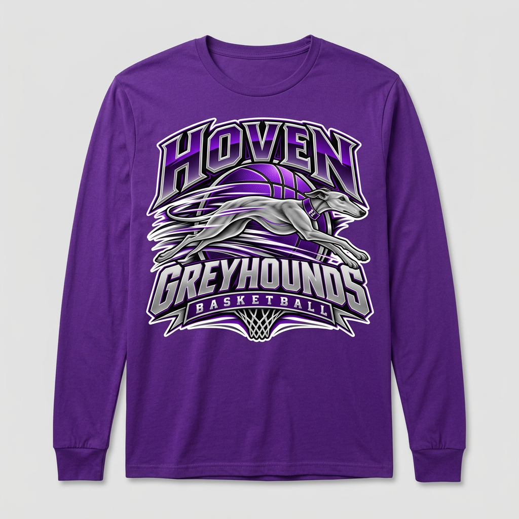 Solid purple Hoven Greyhounds Design 8 long-sleeve T-shirt with white-offset artwork