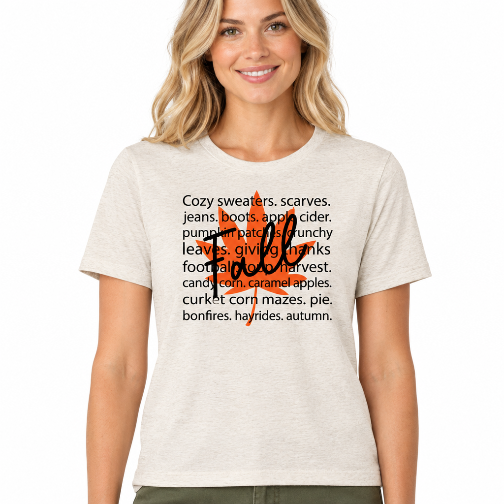 Fall word art design on heathered oatmeal t-shirt