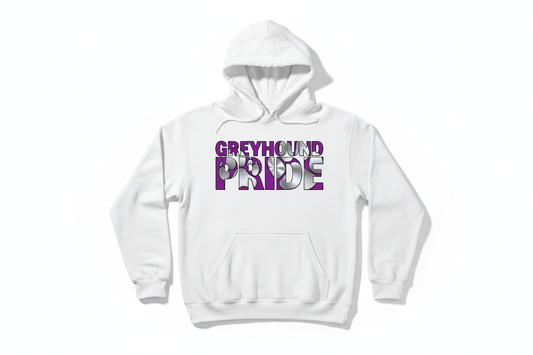 Greyhound Pride graphic on white hoodie