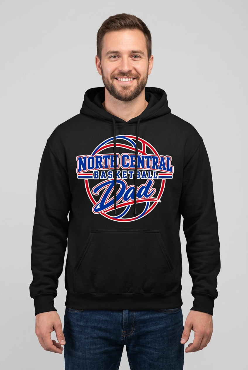 Smiling younger adult male model wearing black North Central Basketball Dad hoodie