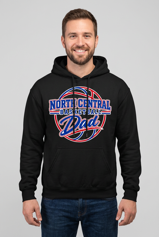Smiling younger adult male model wearing black North Central Basketball Dad hoodie