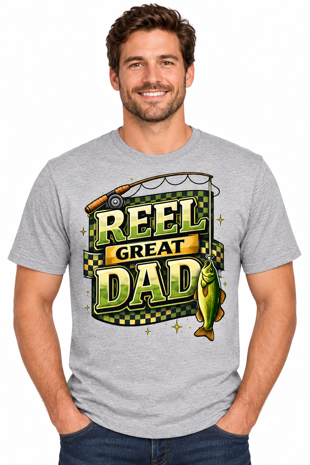 Reel Great Dad checkered design on sports gray t-shirt