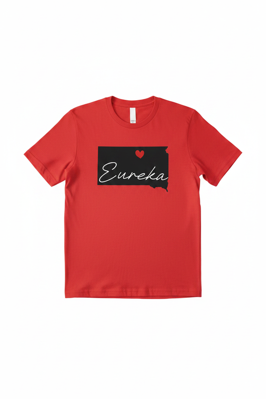 Red t-shirt with black South Dakota state silhouette, red heart, and white Eureka cursive script