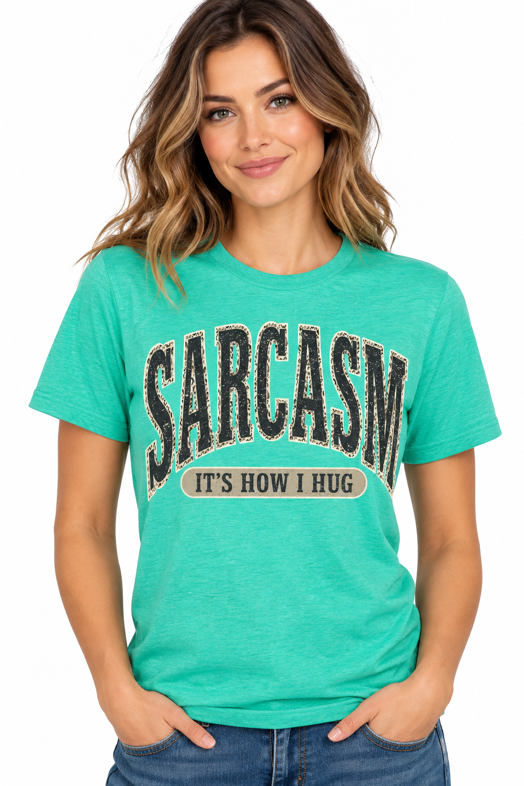 Sarcasm It's How I Hug - Heathered Sea Green T-Shirt on female model