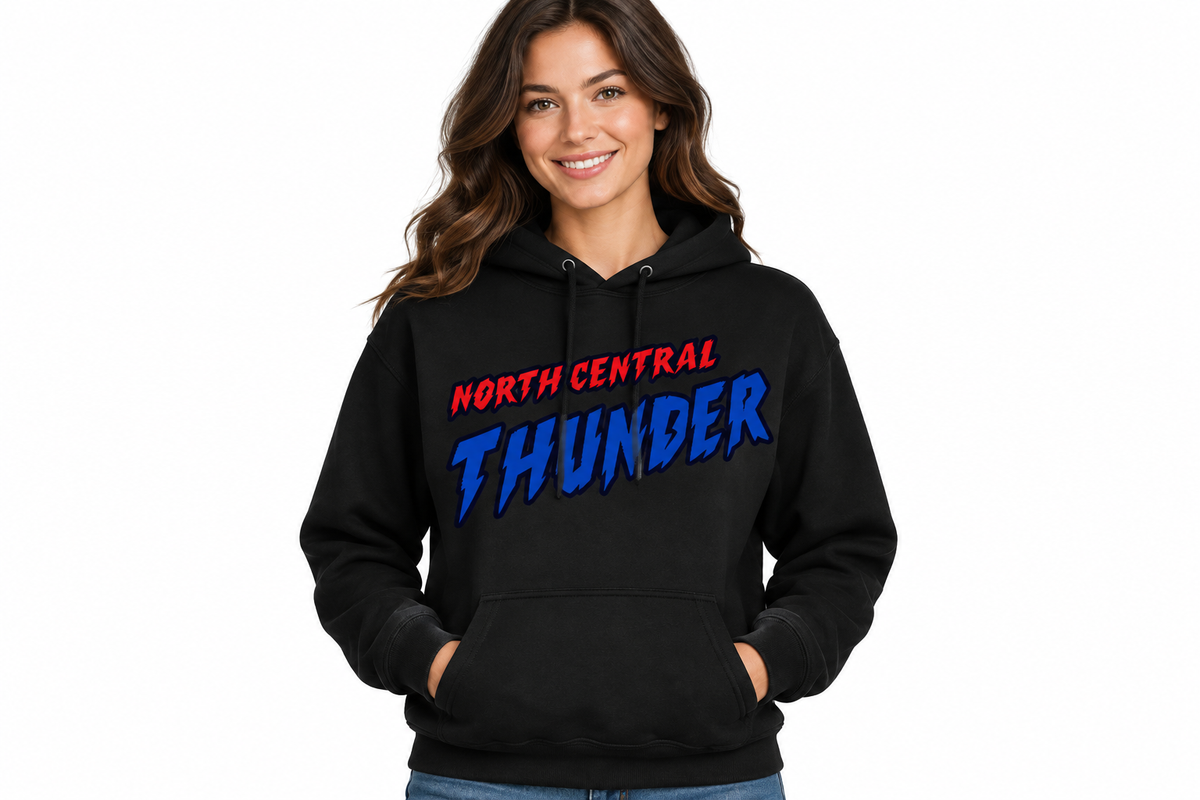 North Central Thunder comic design on black hoodie - adult female model