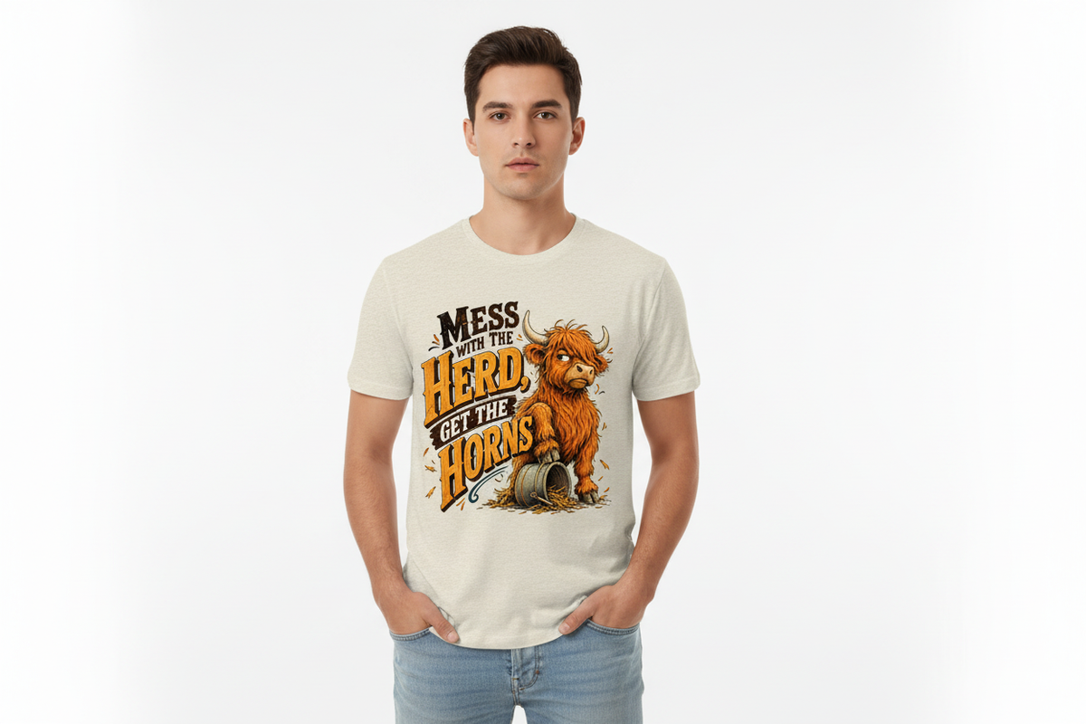 Mess With the Herd Get the Horns tee in Heathered Oatmeal