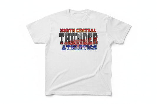 North Central Thunder Athletics graphic on white t-shirt