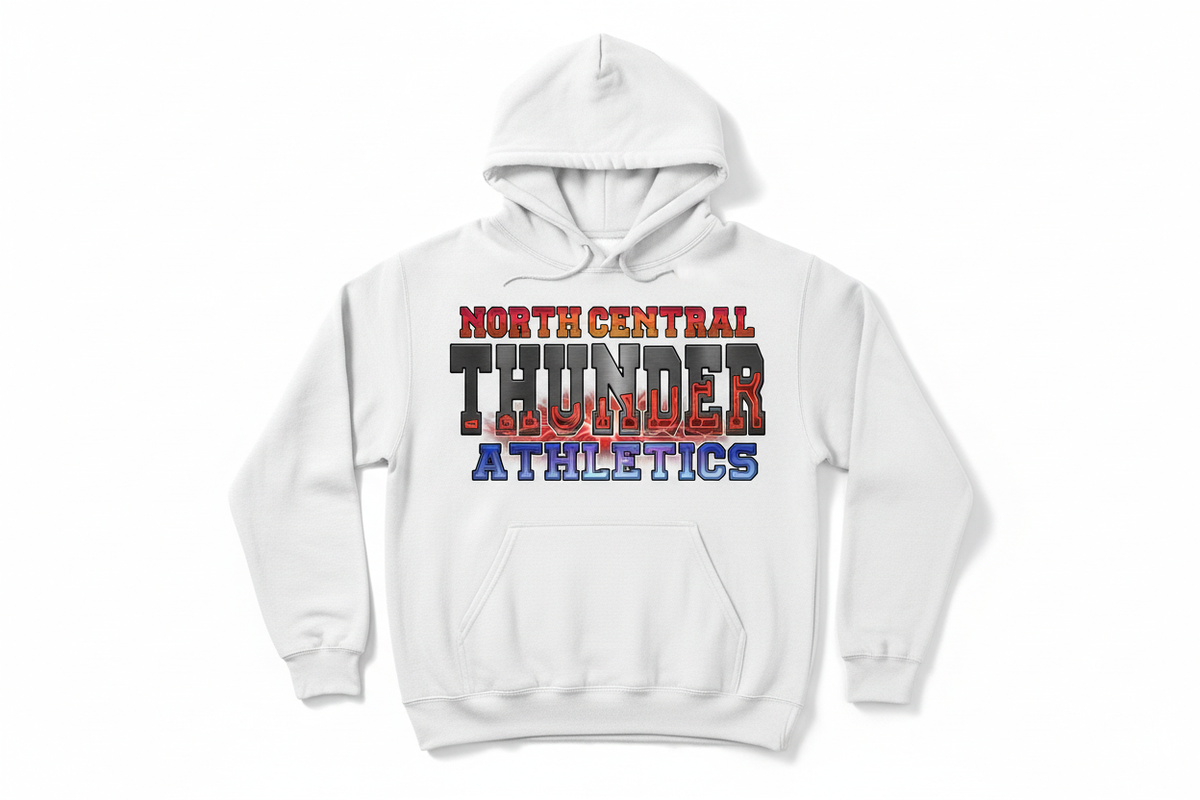 North Central Thunder Athletics graphic on white hoodie