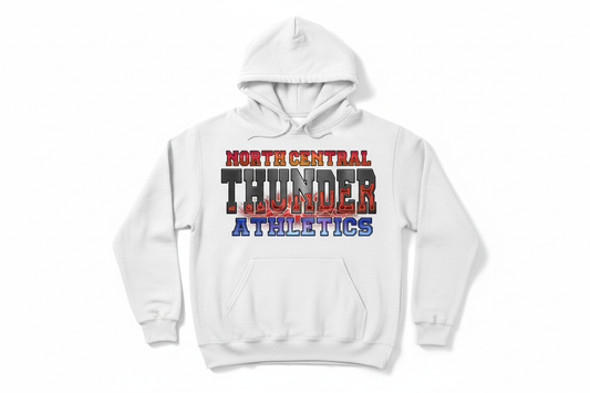 North Central Thunder Athletics graphic on white hoodie
