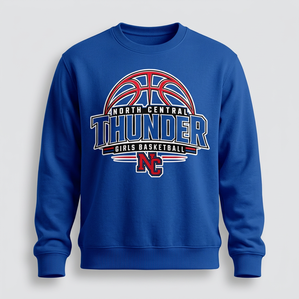 North Central Thunder Design 3 on a royal blue crewneck sweatshirt