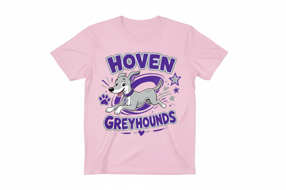 Hoven Greyhounds cartoon on pink kids t-shirt