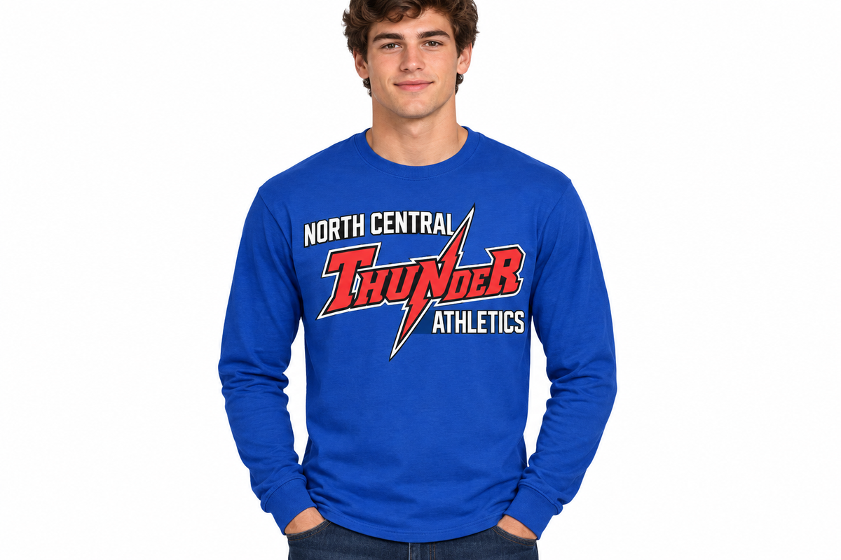 North Central Thunder Athletics on royal blue long sleeve t-shirt