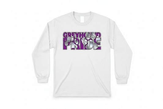Greyhound Pride graphic on white long sleeve t-shirt