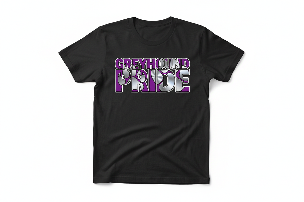 Greyhound Pride graphic on black t-shirt