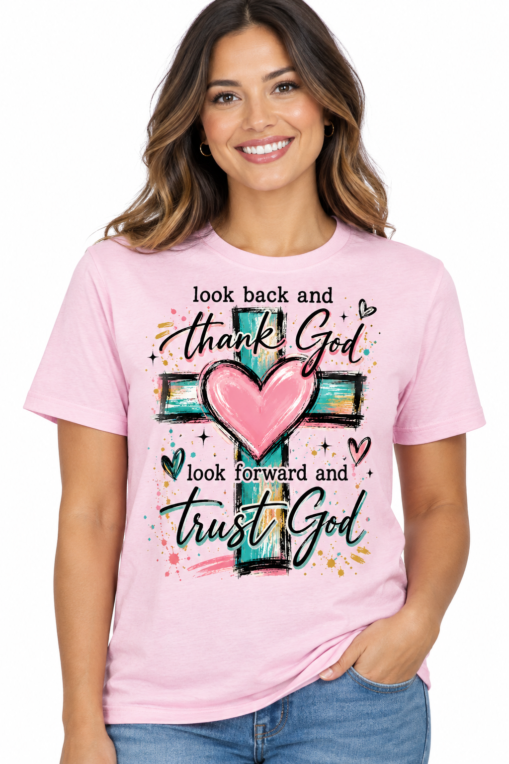 Look Back Thank God Trust God - Light Pink T-Shirt on female model