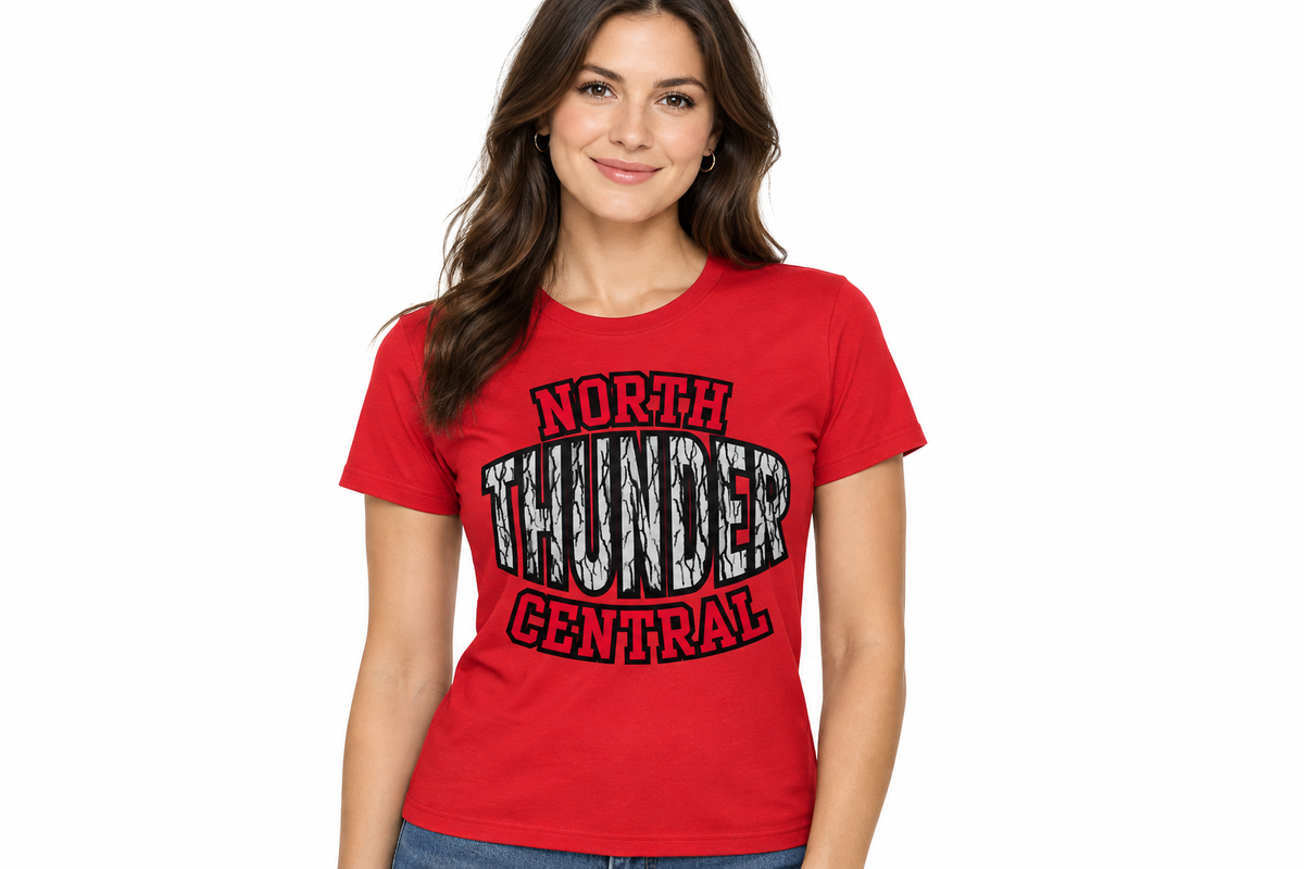 North Thunder Central crest design on red t-shirt