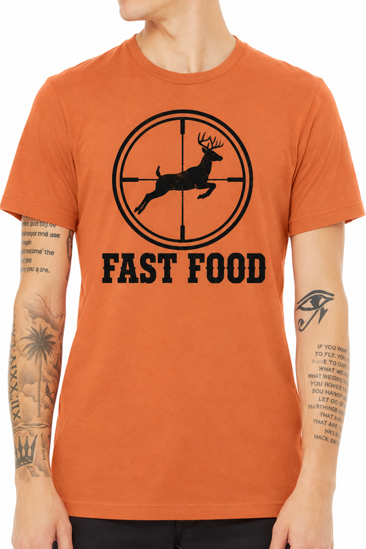 Fast Food deer hunting design on burnt orange t-shirt