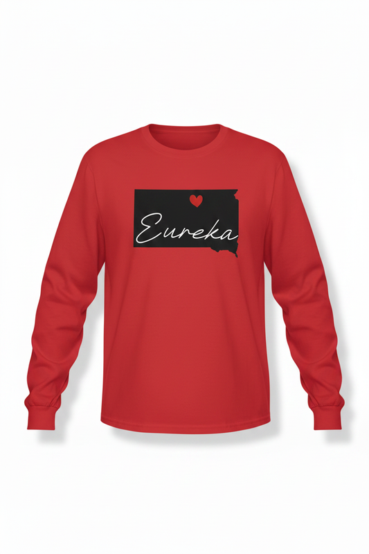 Red long sleeve t-shirt with black South Dakota state silhouette, red heart, and white Eureka cursive script