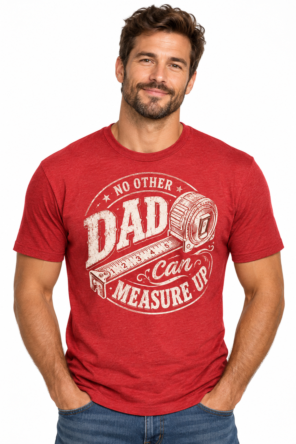 No Other Dad Can Measure Up - Red T-Shirt on male model