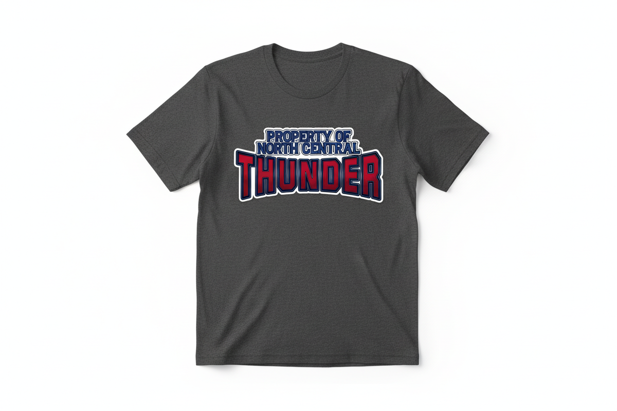 Property of North Central Thunder graphic on dark heather gray t-shirt