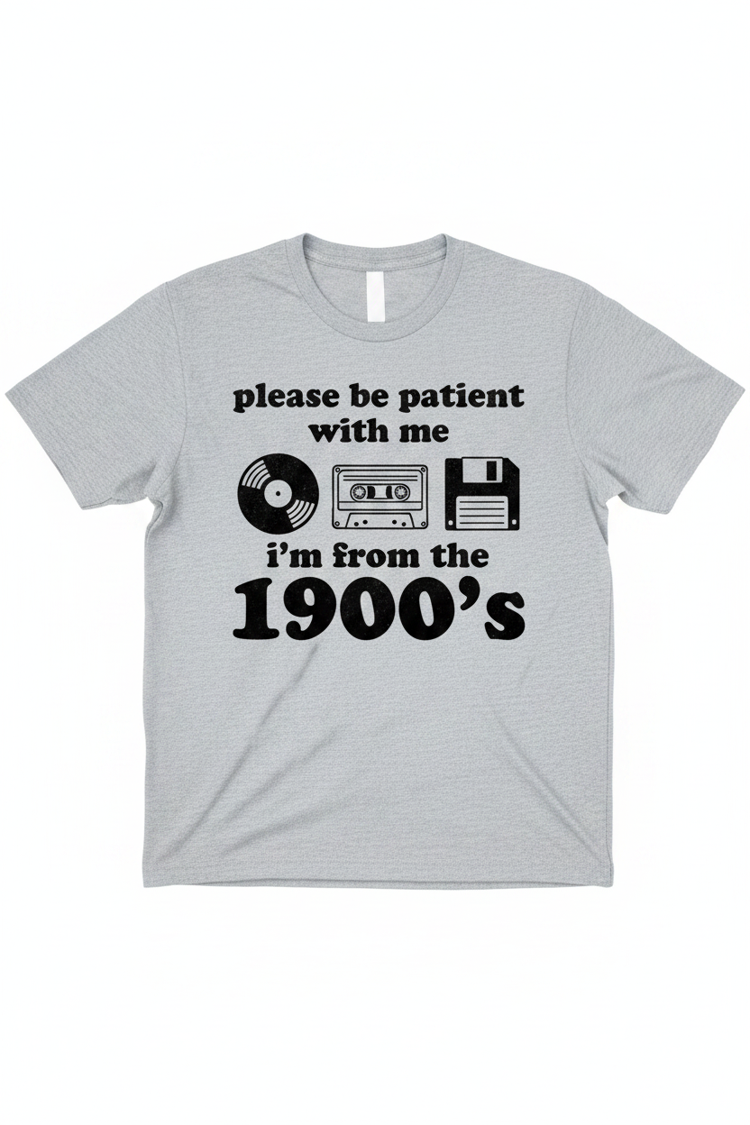 Grey t-shirt flat lay with retro 1900s graphic