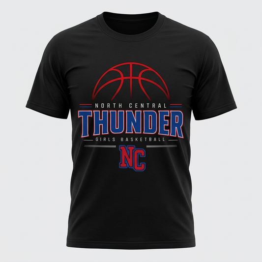 North Central Thunder girls basketball design on a black T-shirt
