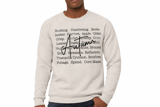 Autumn word art design on heathered dust crewneck sweatshirt