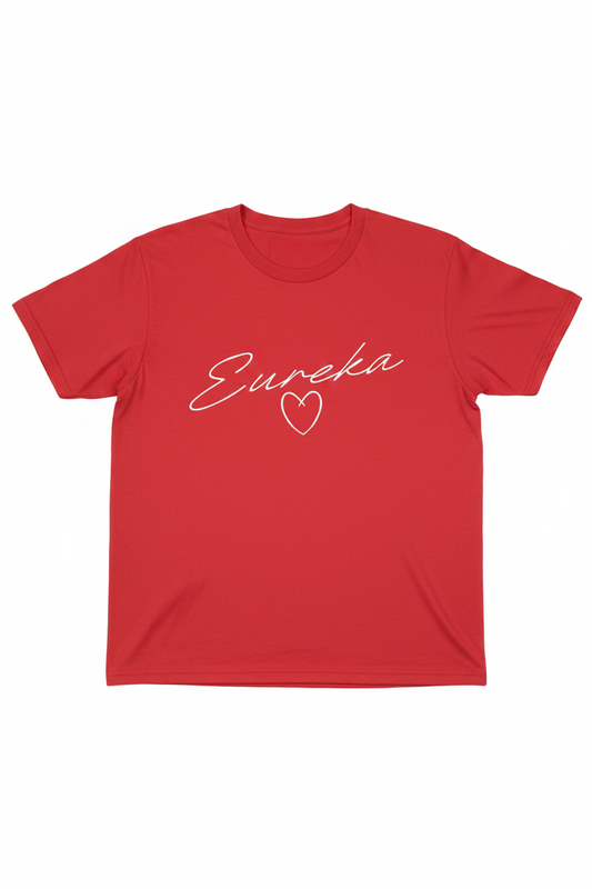 Red t-shirt with white Eureka cursive script and white heart outline graphic